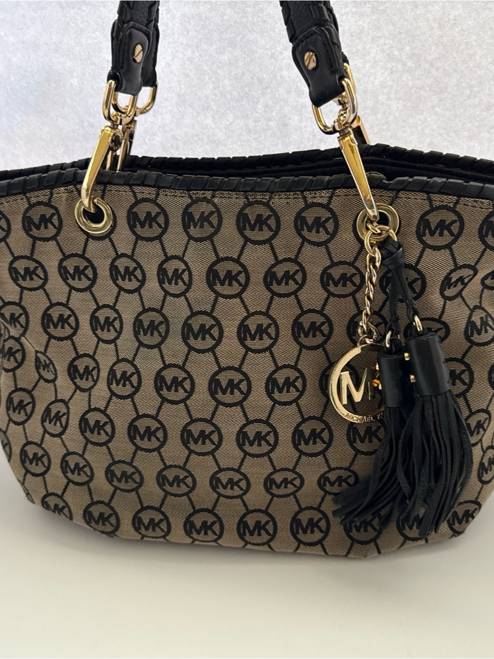 Michael Kors Black Brown MK Signature Tote with Black Trim and Tassel